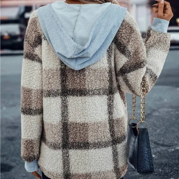 New plaid print hooded Teddy jacket - Picture 5 of 7